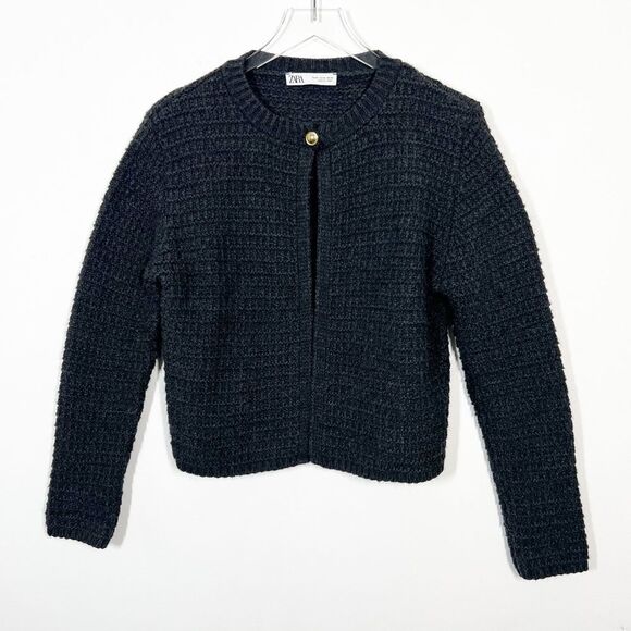 Zara Womens Size Medium Charcoal Gray Waffle Knit Single Button Cardigan Sweater - Picture 3 of 13